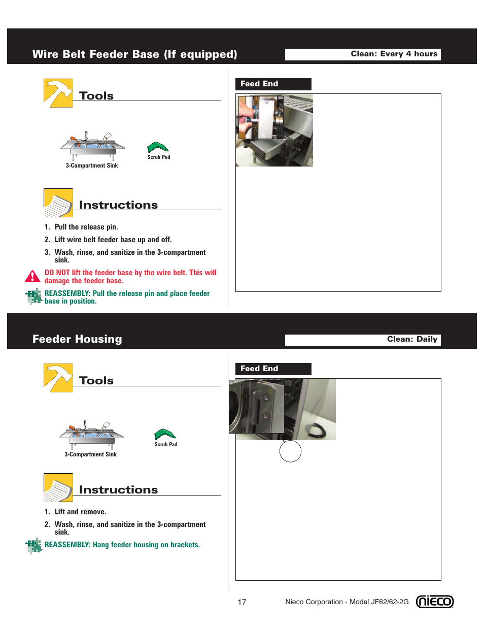 Wire belt feeder base (if equipped), Tools instructions, Feeder housing | Nieco JF62 User Manual | Page 16 / 30
