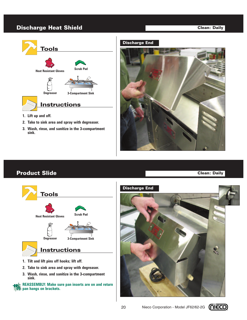 Discharge heat shield, Tools instructions, Product slide | Nieco JF62 User Manual | Page 19 / 30