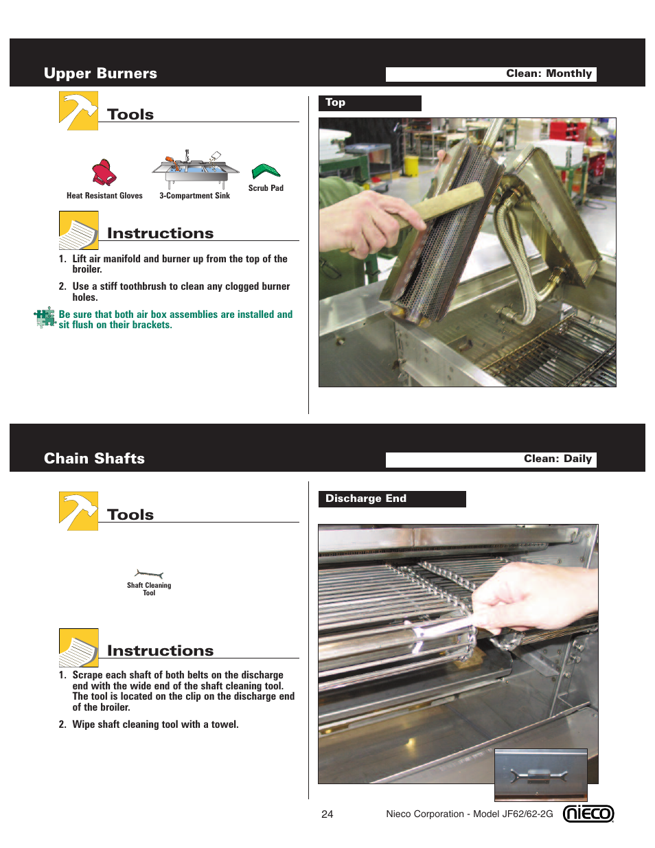 Upper burners, Tools instructions, Chain shafts | Nieco JF62 User Manual | Page 23 / 30