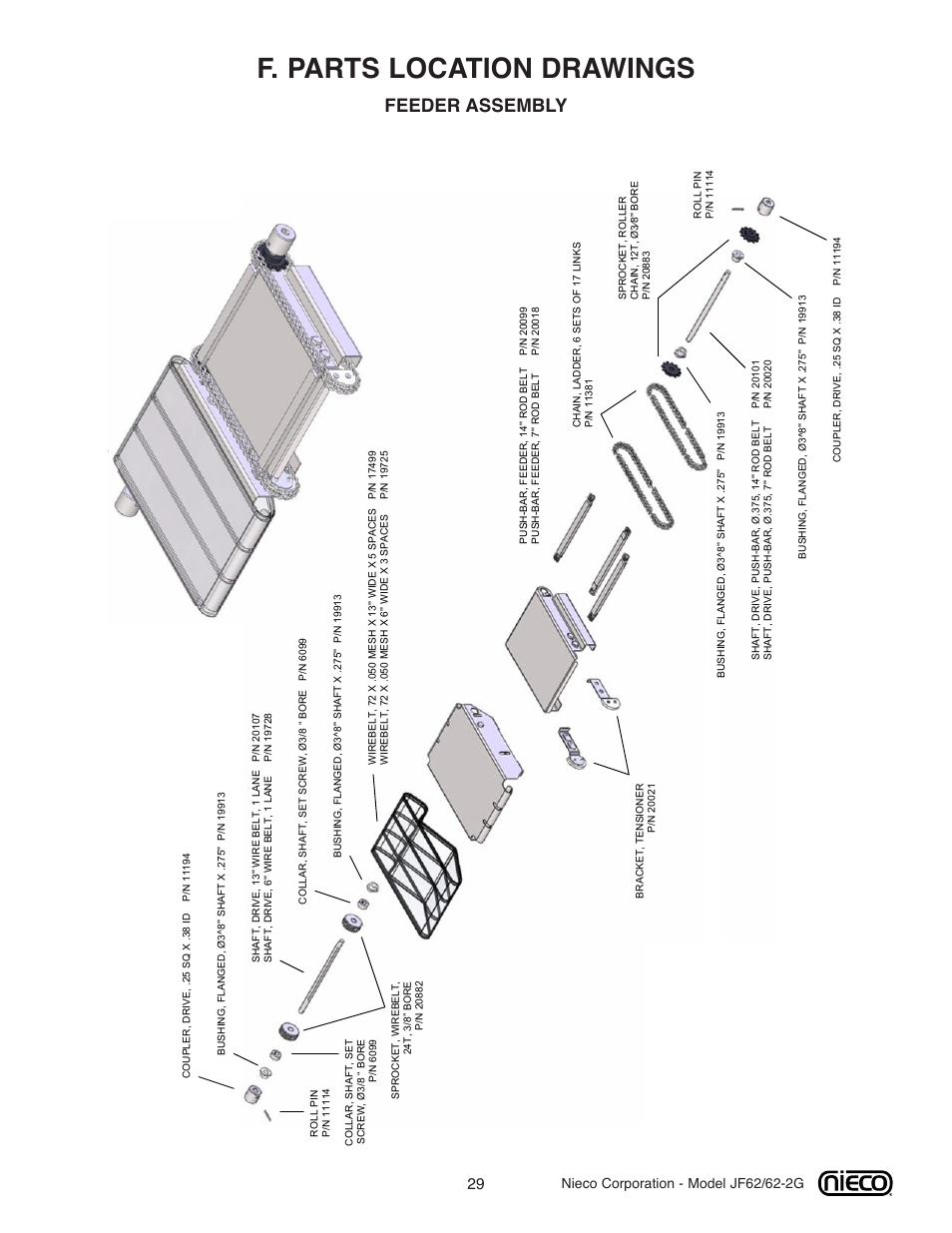 F. parts location drawings, Feeder assembly | Nieco JF62 User Manual | Page 28 / 30