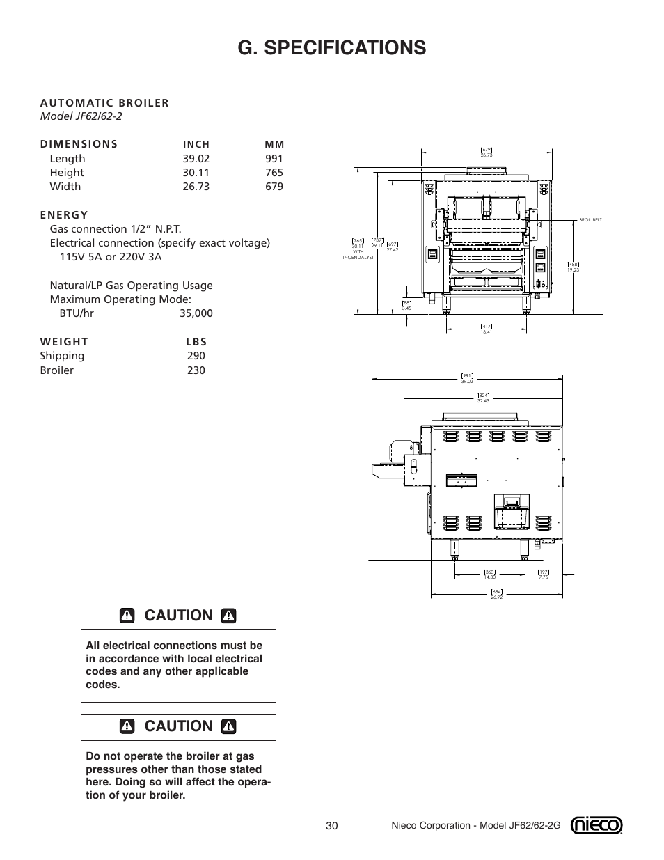 G. specifications, Caution | Nieco JF62 User Manual | Page 29 / 30