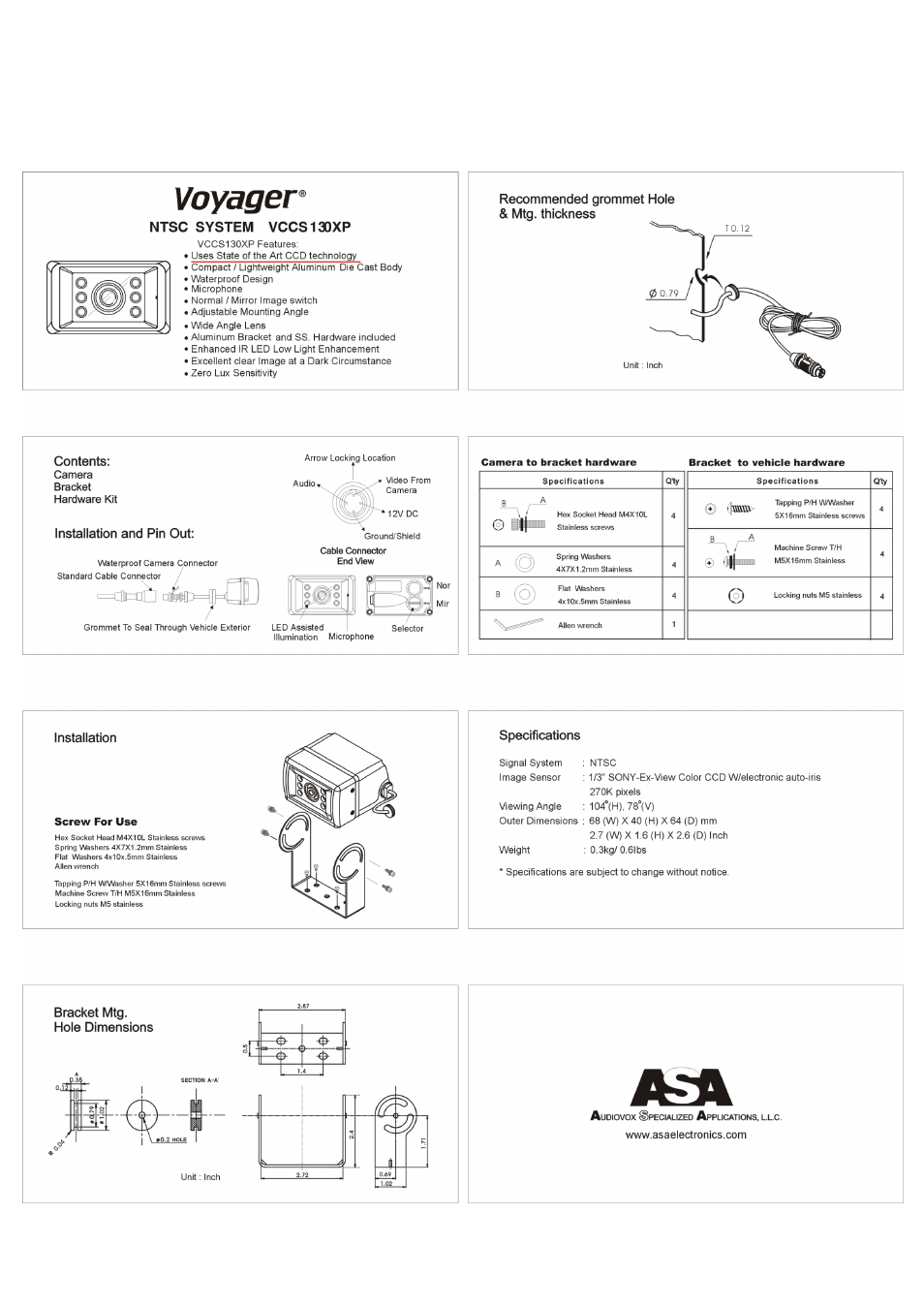 Voyager, Camera bracket hardware kit, Ntsc system vccs130xp | Recommended grommet hole & mtg. thickness contents, Installation and pin out, Installation, Specifications | ASA Electronics Voyager VCCS130XP User Manual | Page 2 / 2