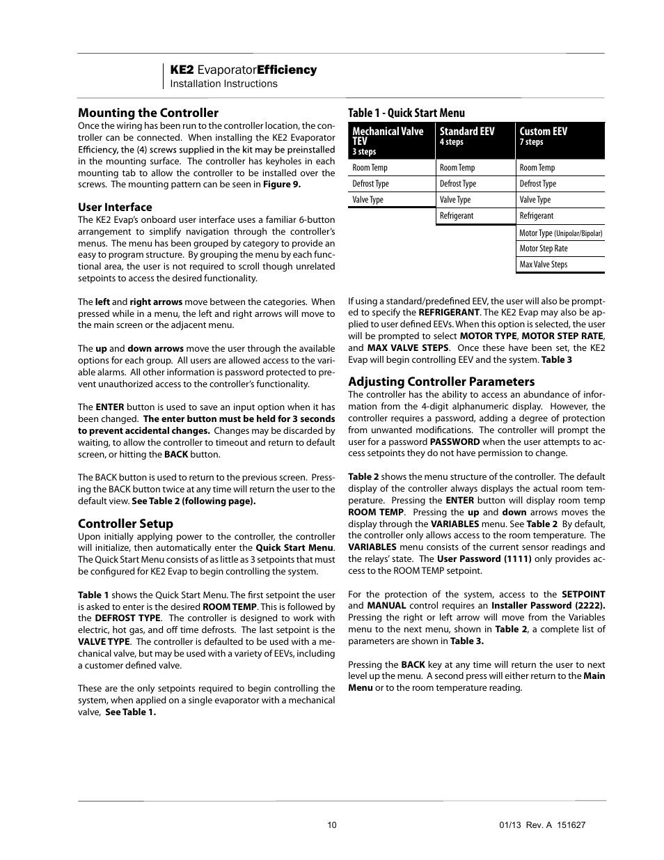 Ke2 evaporator efficiency, Mounting the controller, Controller setup | Table 1 - quick start menu, Adjusting controller parameters | Nor-Lake Enviro-Control IOM User Manual | Page 10 / 16