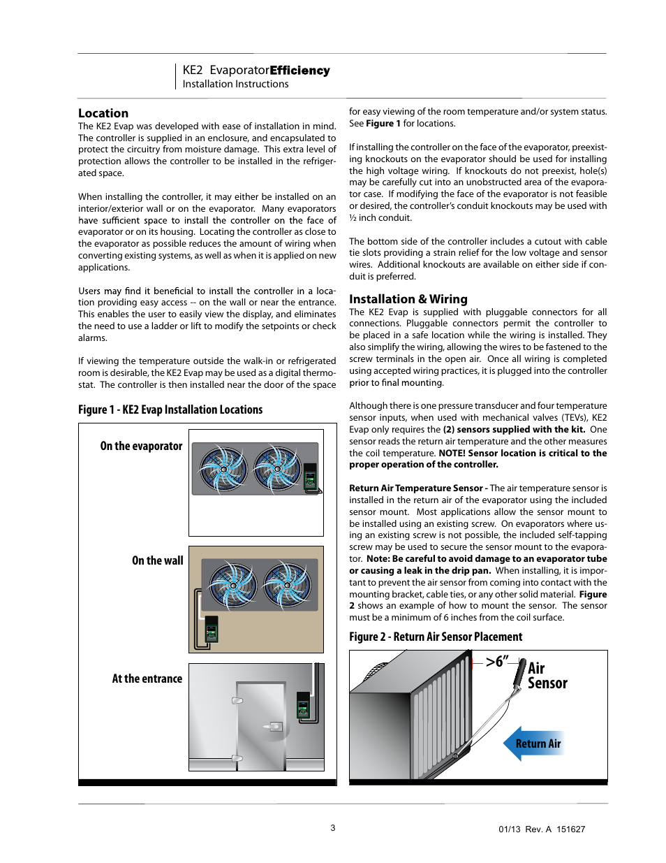 Air sensor >6, Ke2 evaporator, Installation & wiring | Location, Return air figure 2 - return air sensor placement | Nor-Lake Enviro-Control IOM User Manual | Page 3 / 16