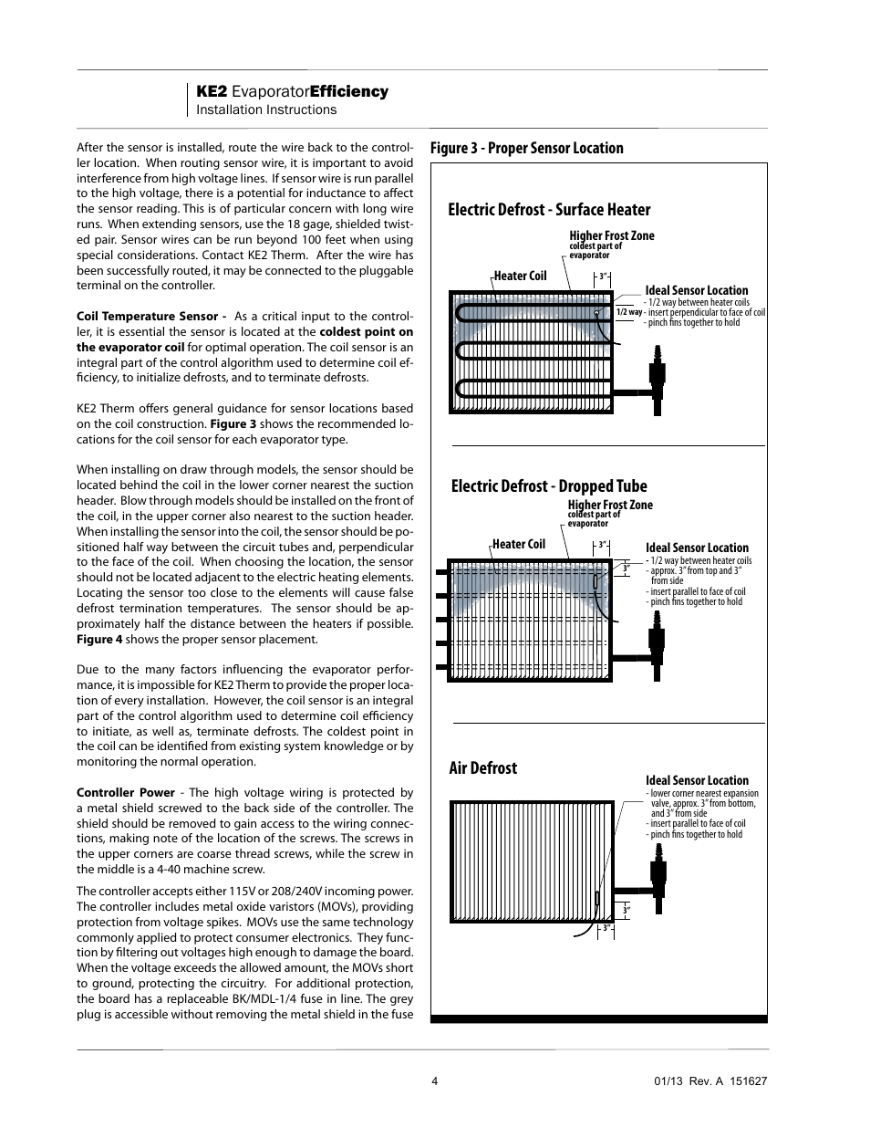 Electric defrost - surface heater, Electric defrost - dropped tube, Air defrost | Ke2 evaporator efficiency, Figure 3 - proper sensor location | Nor-Lake Enviro-Control IOM User Manual | Page 4 / 16