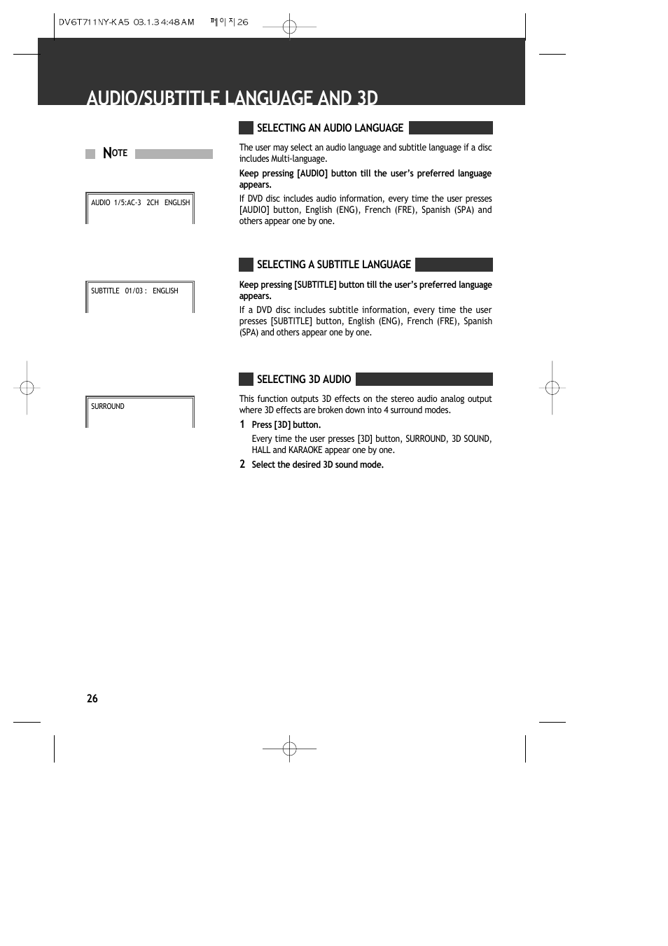 Audio/subtitle language and 3d | ASA Electronics DVDVCP01 User Manual | Page 28 / 40