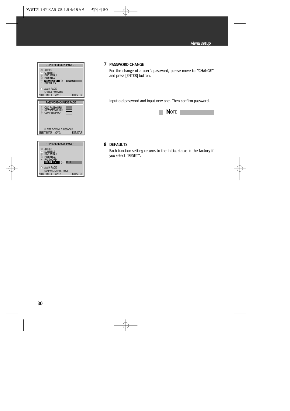 Password change, Defaults, Menu setup | ASA Electronics DVDVCP01 User Manual | Page 32 / 40