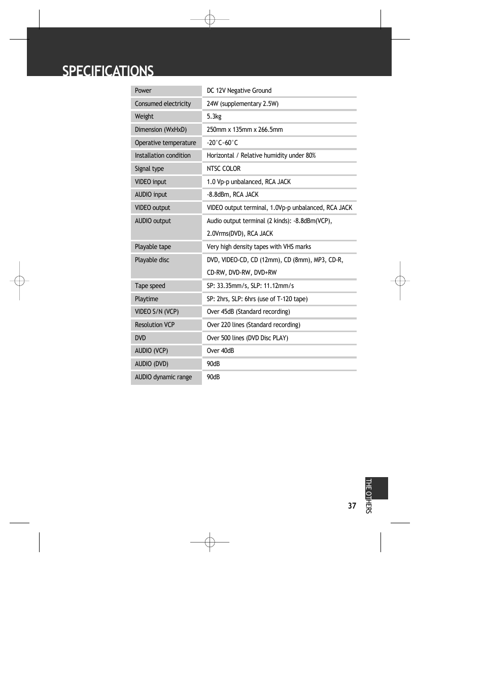 Specifications | ASA Electronics DVDVCP01 User Manual | Page 39 / 40