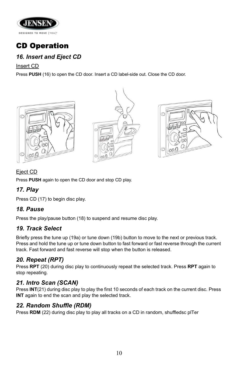 Cd operation, Insert and eject cd, Play | Pause, Track select, Repeat (rpt), Intro scan (scan), Random shuffle (rdm) | ASA Electronics AWM910 User Manual | Page 10 / 12