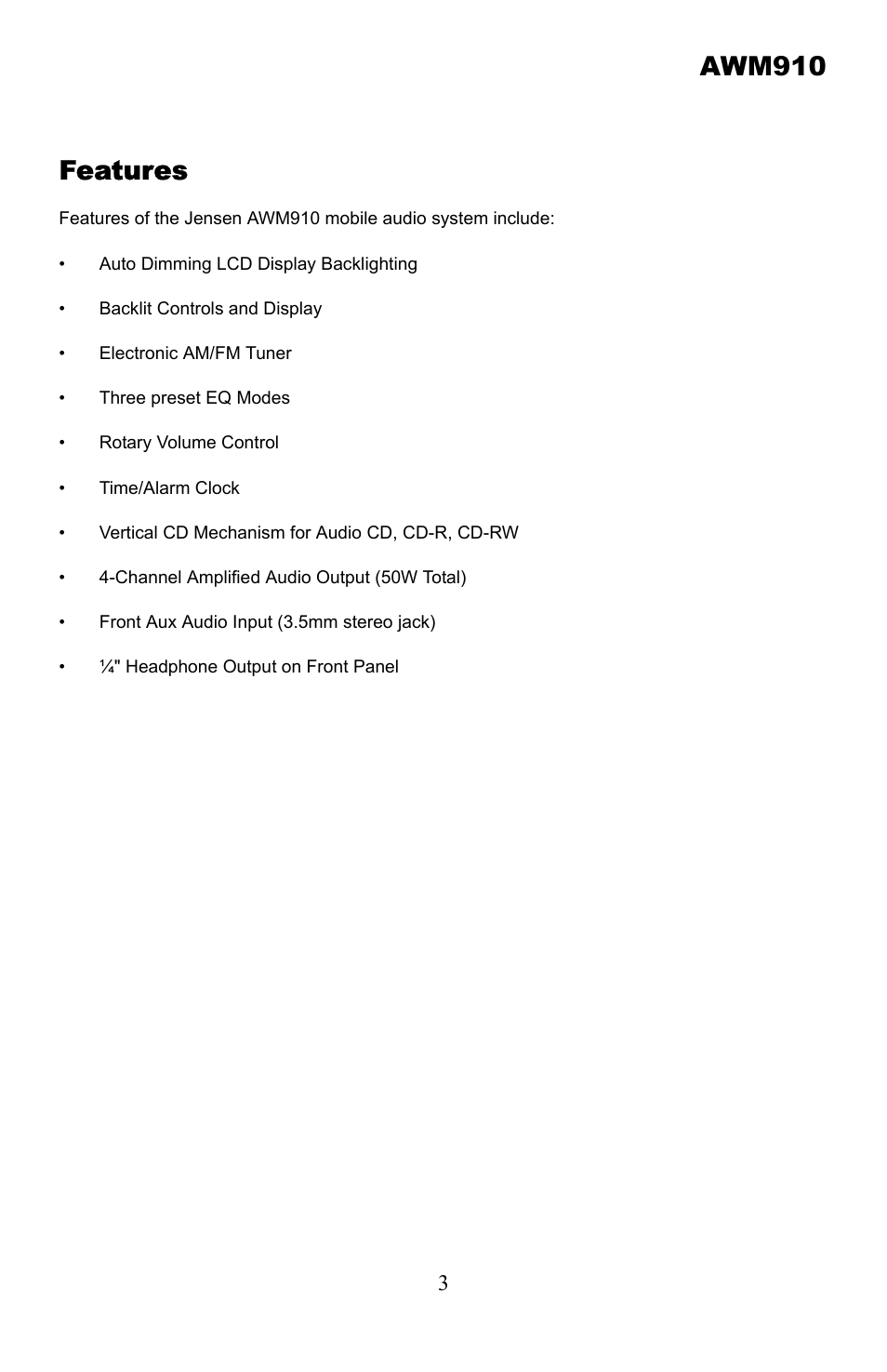 Features, Awm910 features | ASA Electronics AWM910 User Manual | Page 3 / 12