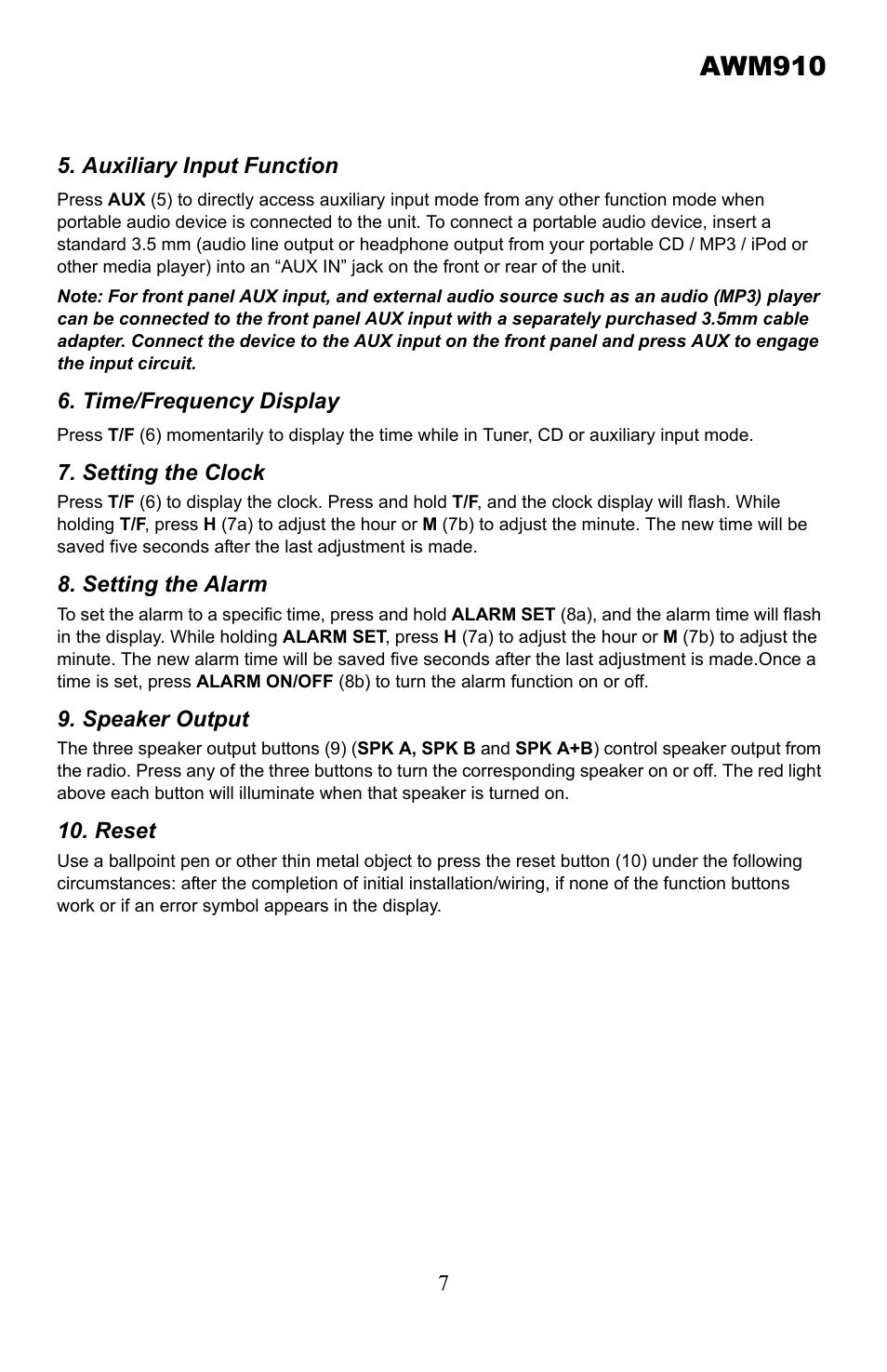 Auxiliary input function, Time/frequency display, Setting the clock | Setting the alarm, Speaker output, Reset, Awm910 | ASA Electronics AWM910 User Manual | Page 7 / 12