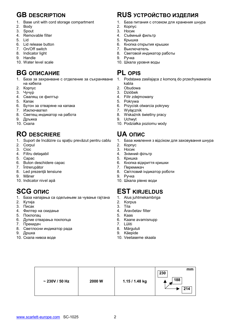 Bg pl, Scg est | Scarlett SC-1025 User Manual | Page 2 / 18