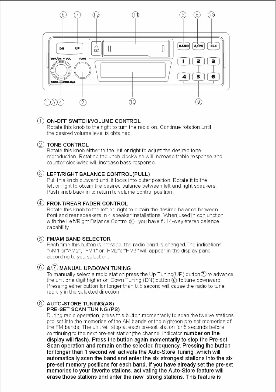 On-off switch/volume control, Tone control, Left/right balance control(pull) | Front/rear fader control, Fm/am band selector, Manual uproown tuning, Auto-store tuning(as), Pre-set scan tuning (ps) | ASA Electronics VR100 User Manual | Page 2 / 7