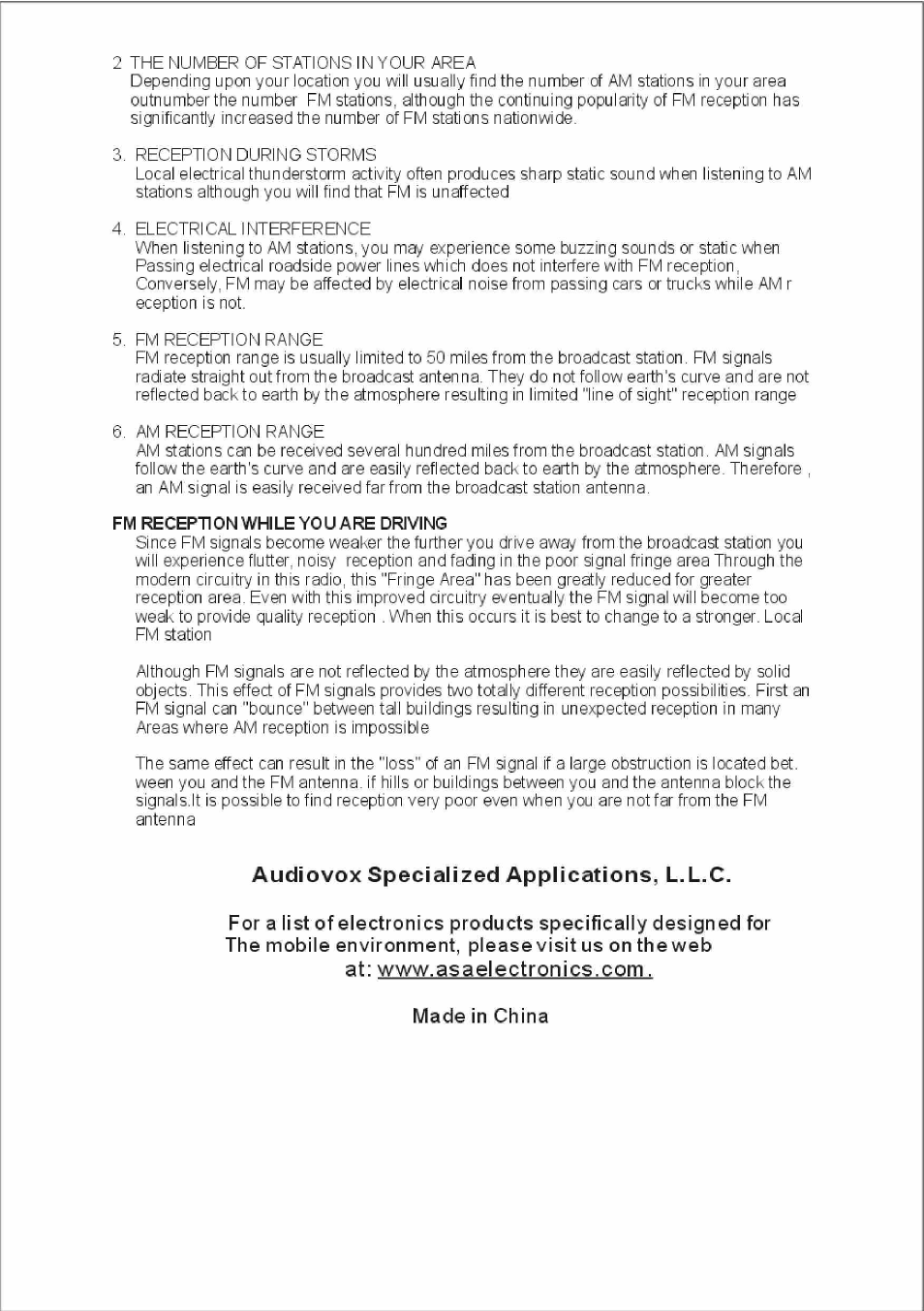 Made in china, Audiovox specialized applications, l.l.c | ASA Electronics VR100 User Manual | Page 6 / 7
