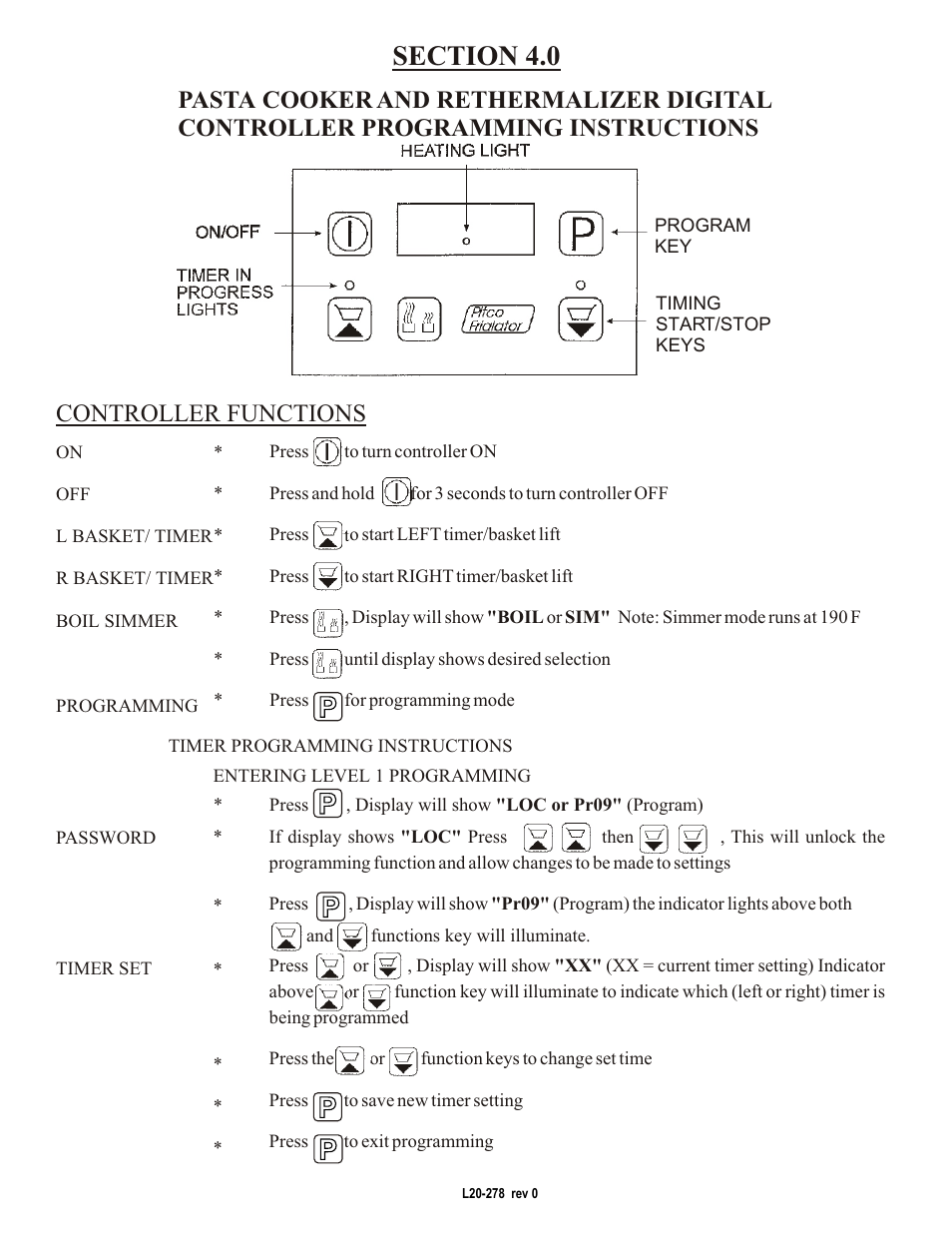 Pitco Frialator Pasta/Rethermalizer Digital Controller User Manual | 2 pages