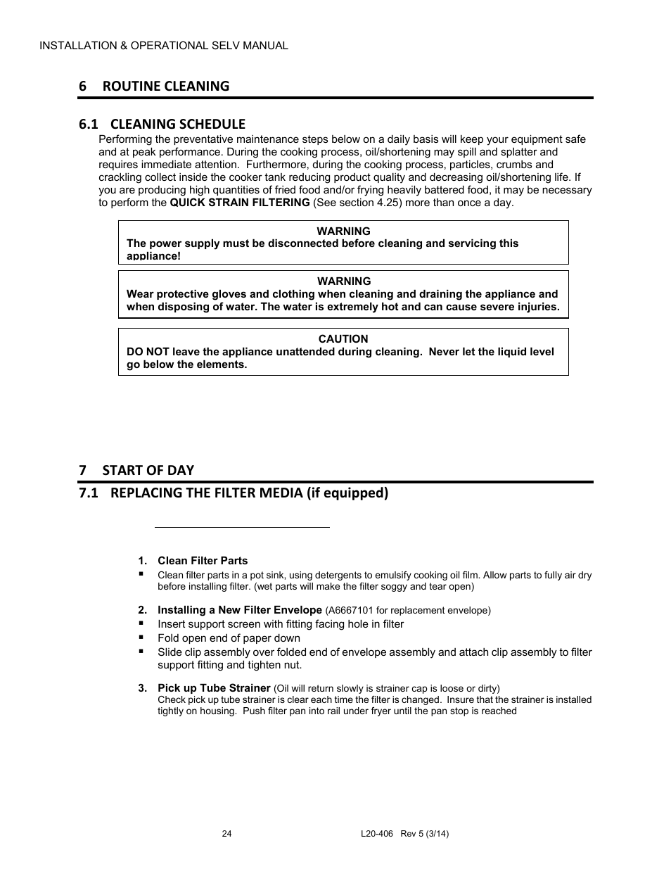 6 routine cleaning, 1 cleaning schedule | Pitco Frialator REDUCED OIL VOLUME FRYING SYSTEM for SELV14 User Manual | Page 24 / 36