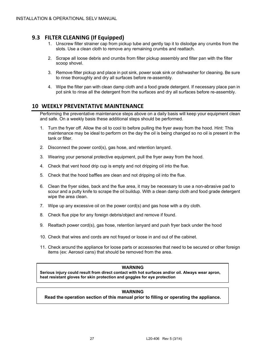 3 filter cleaning (if equipped), 10 weekly preventative maintenance | Pitco Frialator REDUCED OIL VOLUME FRYING SYSTEM for SELV14 User Manual | Page 27 / 36