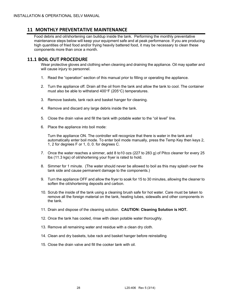 11 monthly preventative maintenance, 1 boil out procedure | Pitco Frialator REDUCED OIL VOLUME FRYING SYSTEM for SELV14 User Manual | Page 28 / 36