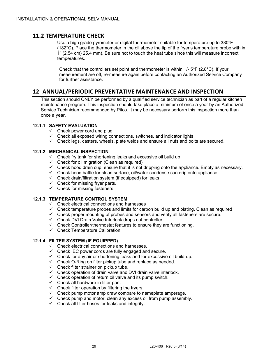 2 temperature check | Pitco Frialator REDUCED OIL VOLUME FRYING SYSTEM for SELV14 User Manual | Page 29 / 36