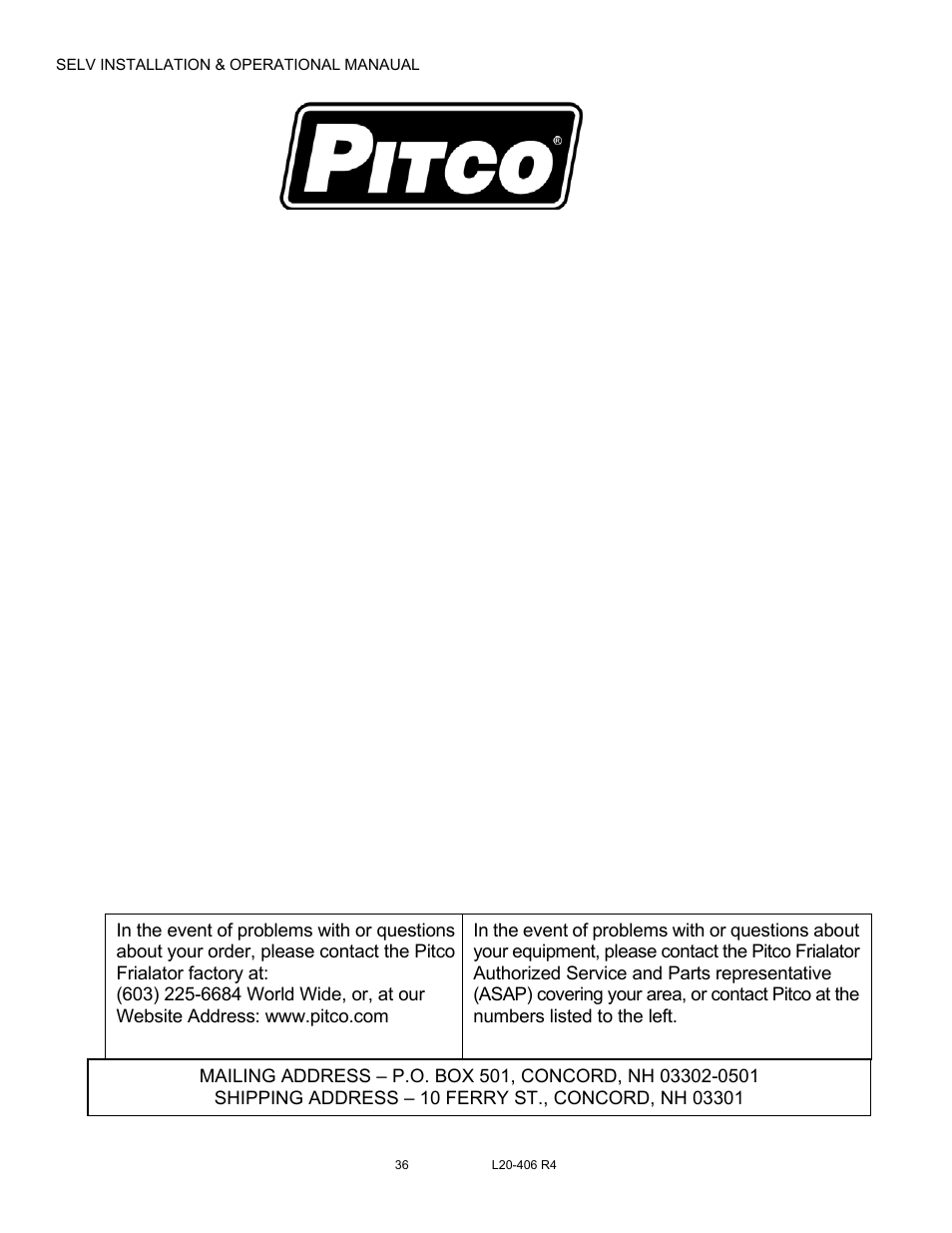 Pitco Frialator REDUCED OIL VOLUME FRYING SYSTEM for SELV14 User Manual | Page 36 / 36