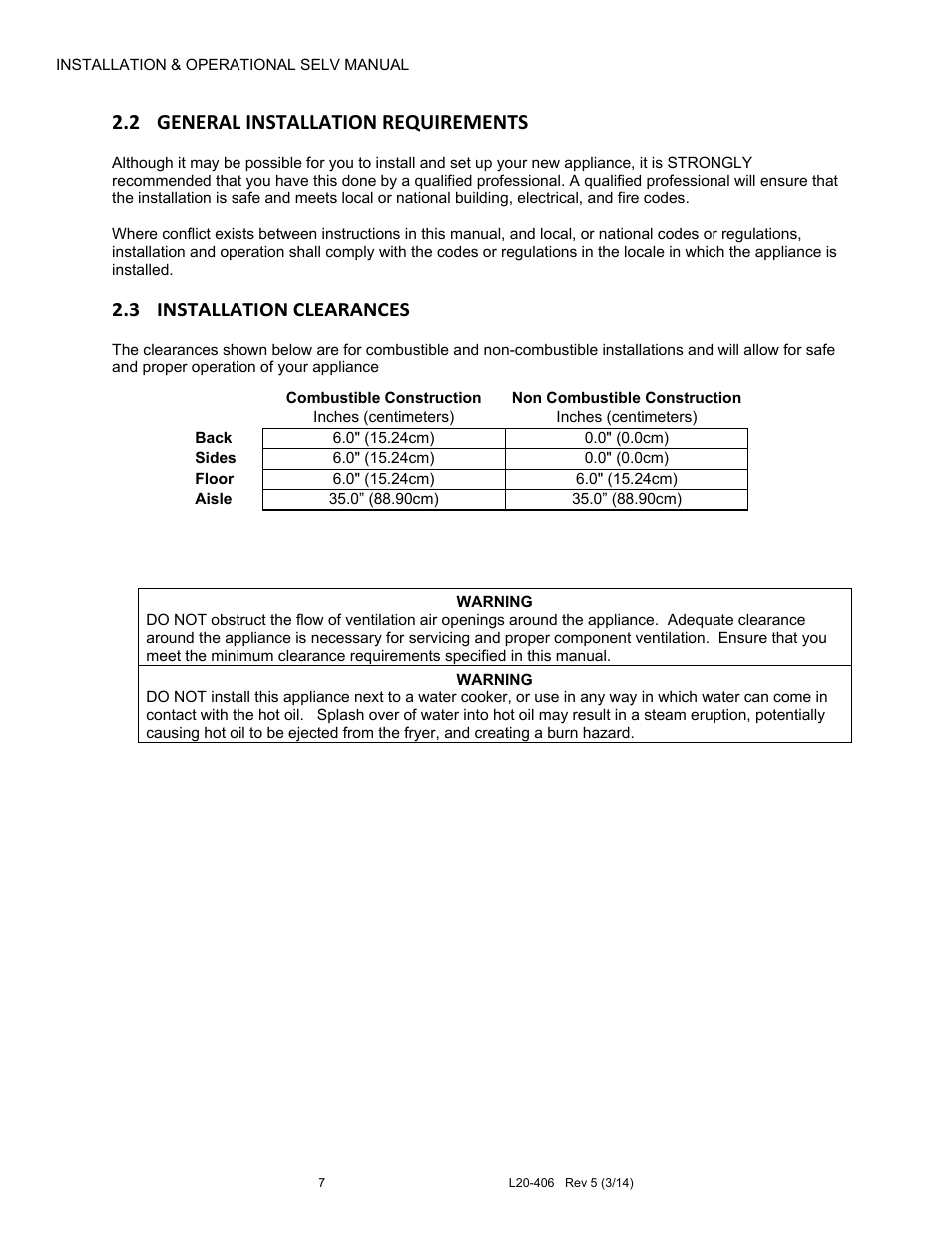 2 general installation requirements, 3 installation clearances | Pitco Frialator REDUCED OIL VOLUME FRYING SYSTEM for SELV14 User Manual | Page 7 / 36