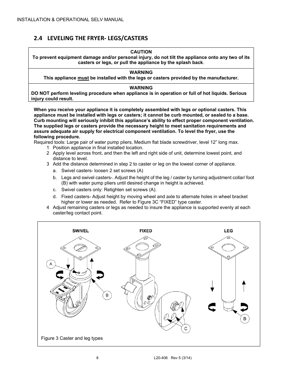 4 leveling the fryer‐ legs/casters | Pitco Frialator REDUCED OIL VOLUME FRYING SYSTEM for SELV14 User Manual | Page 8 / 36