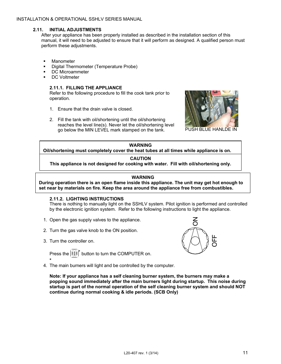 On off | Pitco Frialator REDUCED OIL VOLUME FRYING SYSTEM for SSHLV14 Serie User Manual | Page 11 / 38