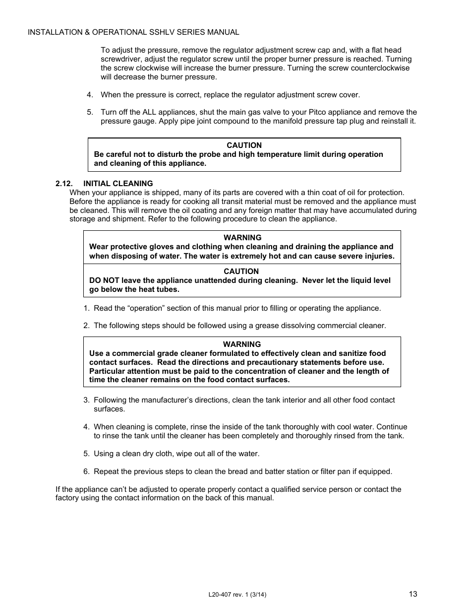 Pitco Frialator REDUCED OIL VOLUME FRYING SYSTEM for SSHLV14 Serie User Manual | Page 13 / 38