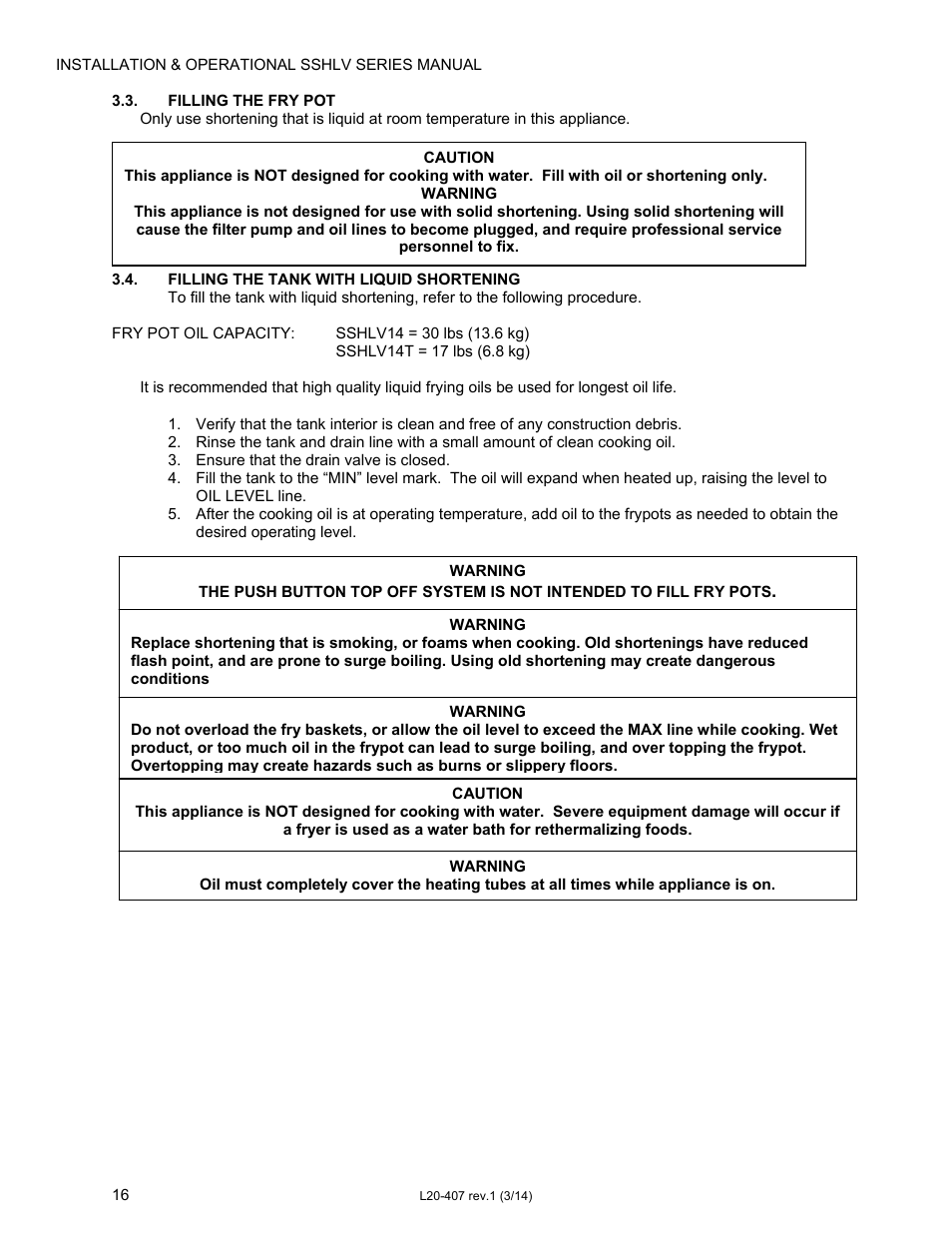 Pitco Frialator REDUCED OIL VOLUME FRYING SYSTEM for SSHLV14 Serie User Manual | Page 16 / 38