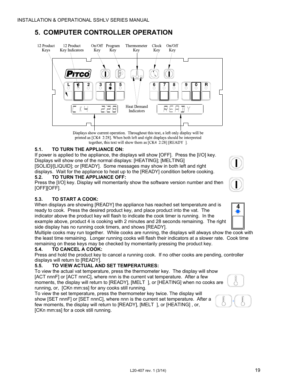 Computer controller operation | Pitco Frialator REDUCED OIL VOLUME FRYING SYSTEM for SSHLV14 Serie User Manual | Page 19 / 38