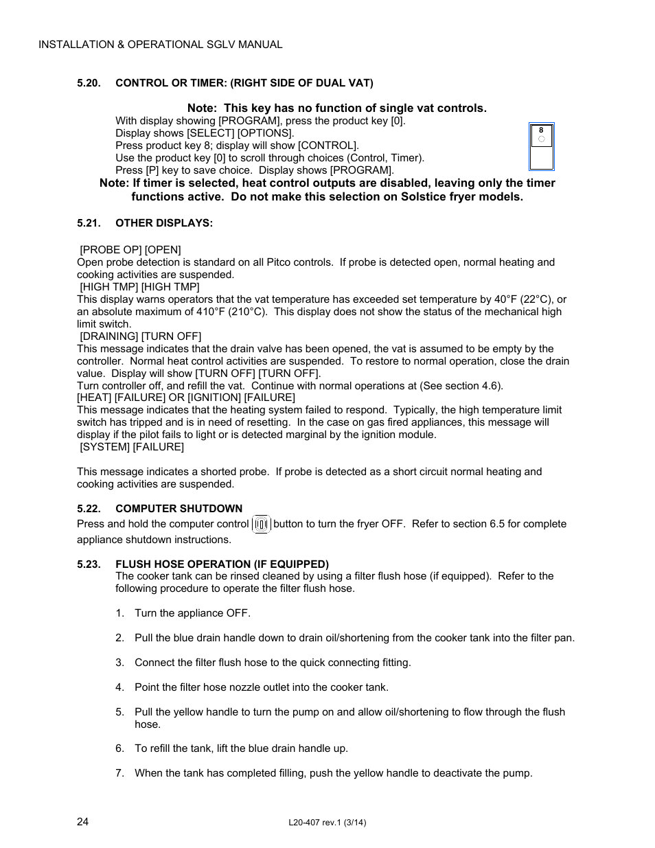 Pitco Frialator REDUCED OIL VOLUME FRYING SYSTEM for SSHLV14 Serie User Manual | Page 24 / 38