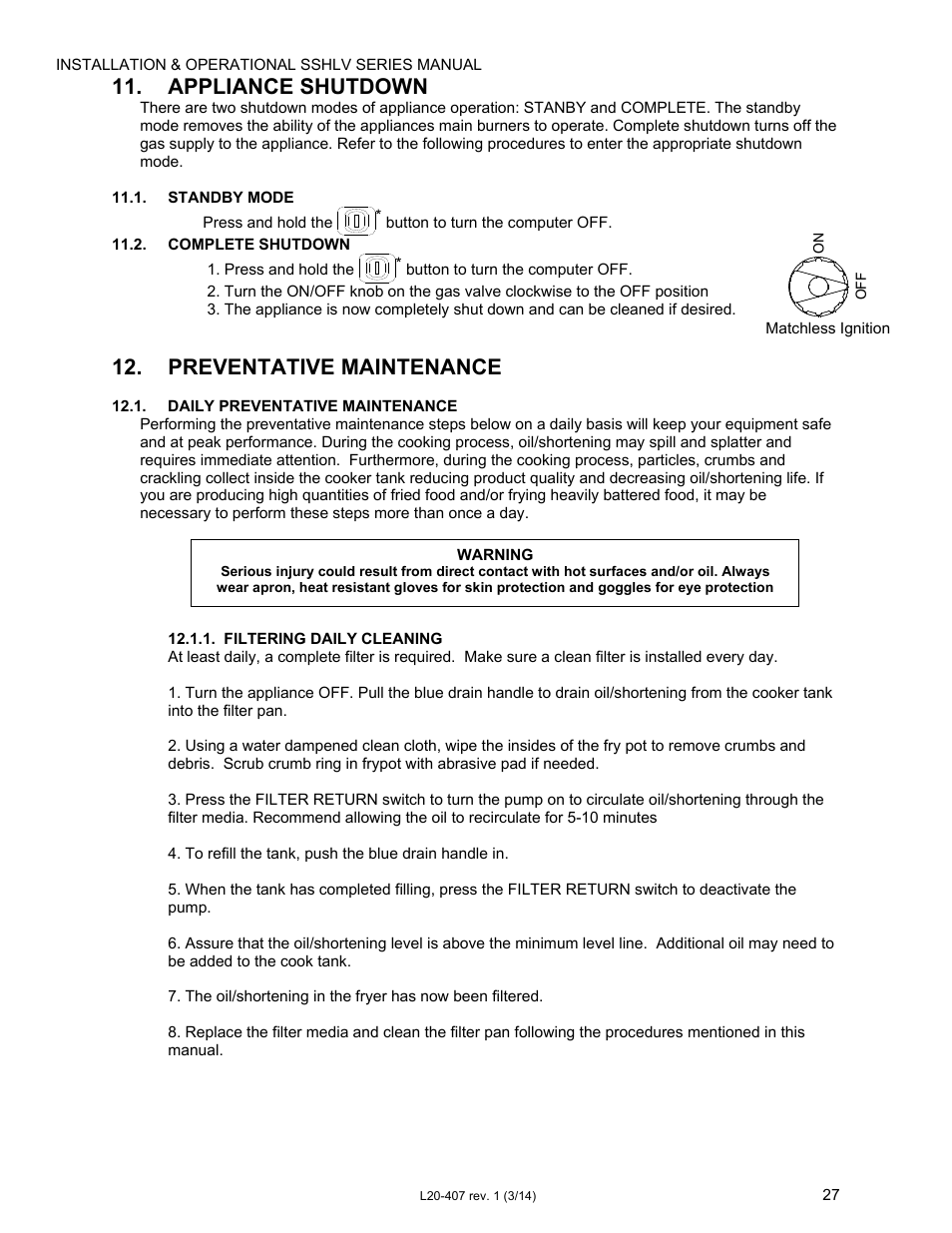 Appliance shutdown, Preventative maintenance | Pitco Frialator REDUCED OIL VOLUME FRYING SYSTEM for SSHLV14 Serie User Manual | Page 27 / 38