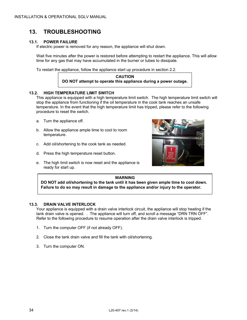Troubleshooting | Pitco Frialator REDUCED OIL VOLUME FRYING SYSTEM for SSHLV14 Serie User Manual | Page 34 / 38