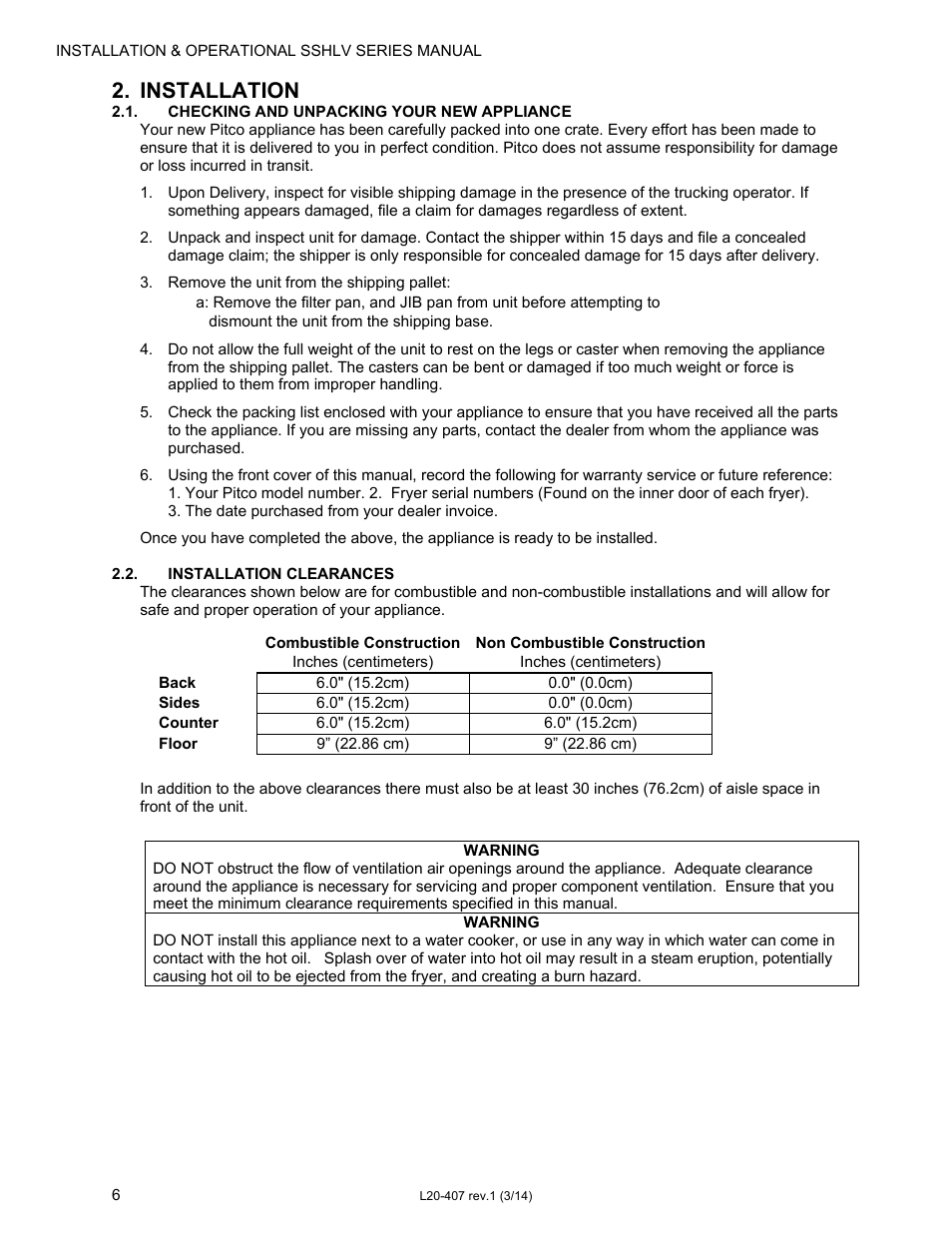 Installation | Pitco Frialator REDUCED OIL VOLUME FRYING SYSTEM for SSHLV14 Serie User Manual | Page 6 / 38