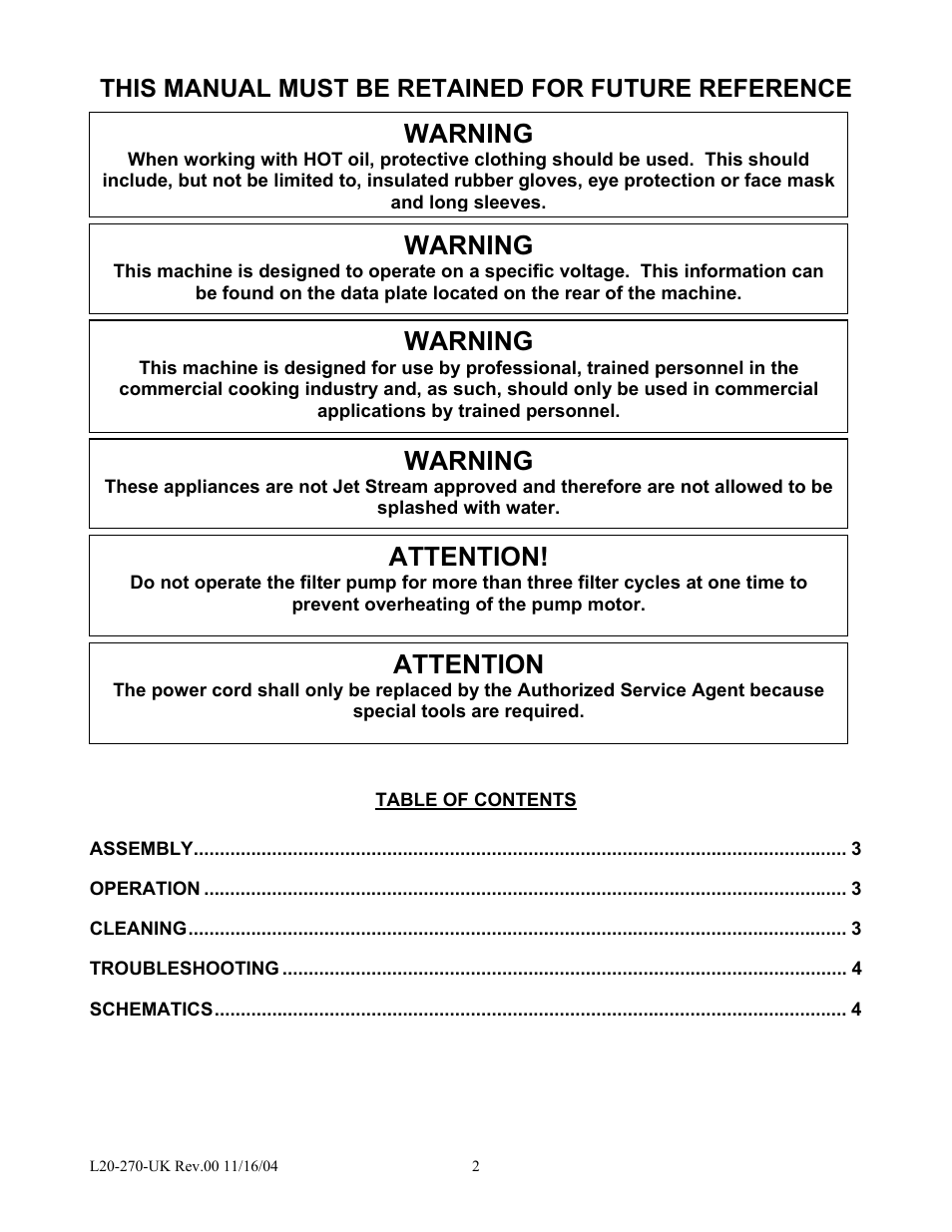 Warning, Attention, This manual must be retained for future reference | Pitco Frialator P90K User Manual | Page 2 / 4