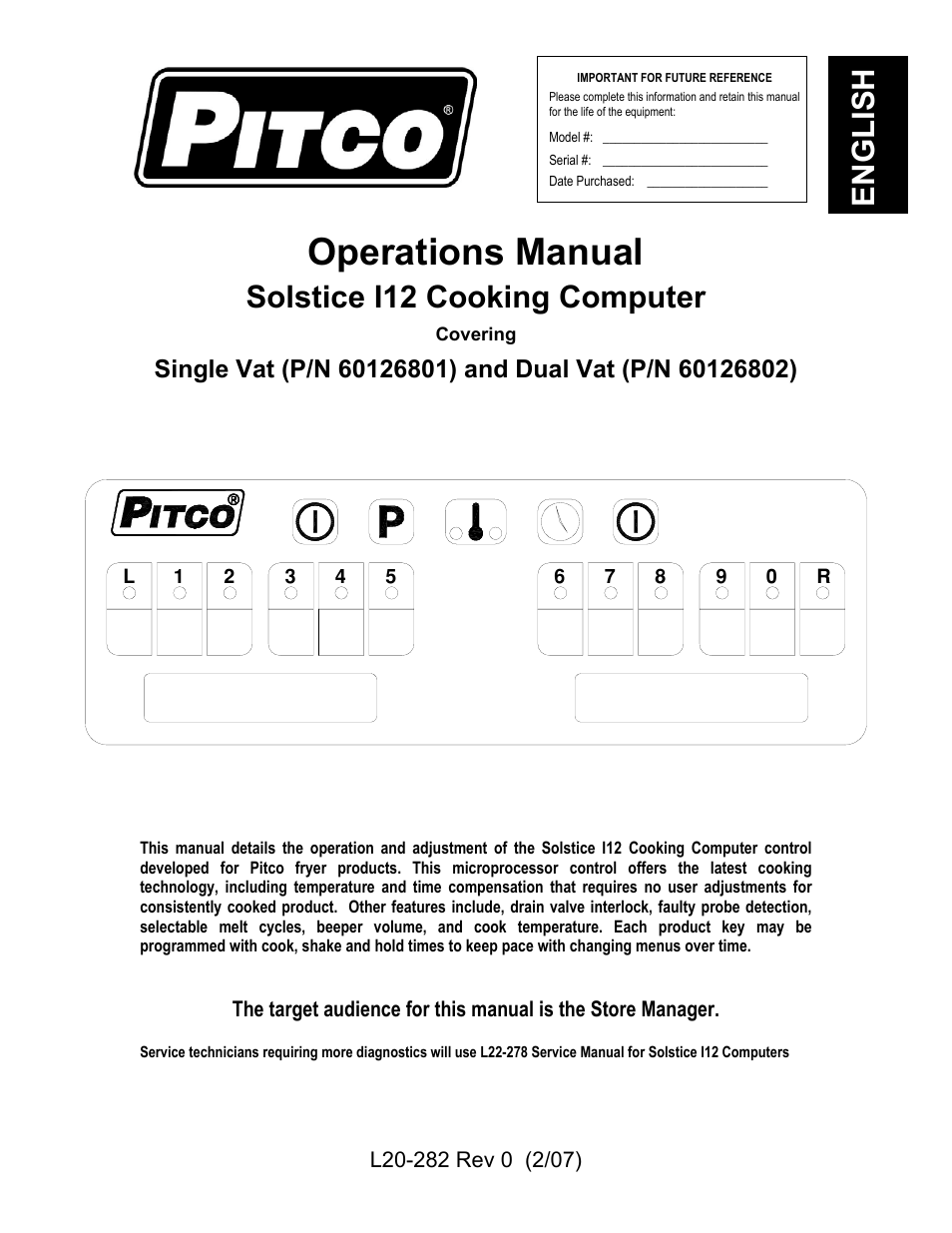 Pitco Frialator Solstice I12 Cooking Computer Single Vat User Manual | 10 pages