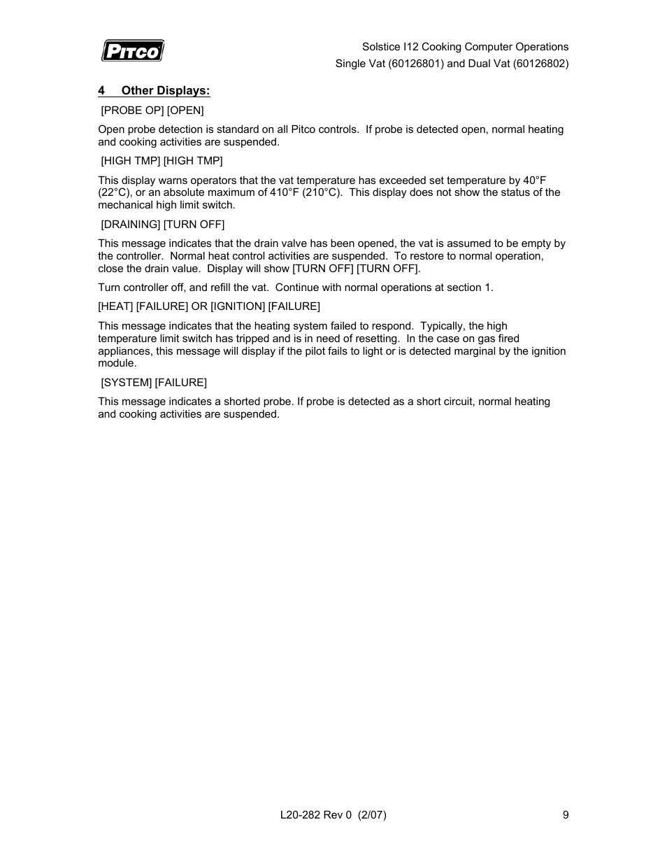 Pitco Frialator Solstice I12 Cooking Computer Single Vat User Manual | Page 9 / 10