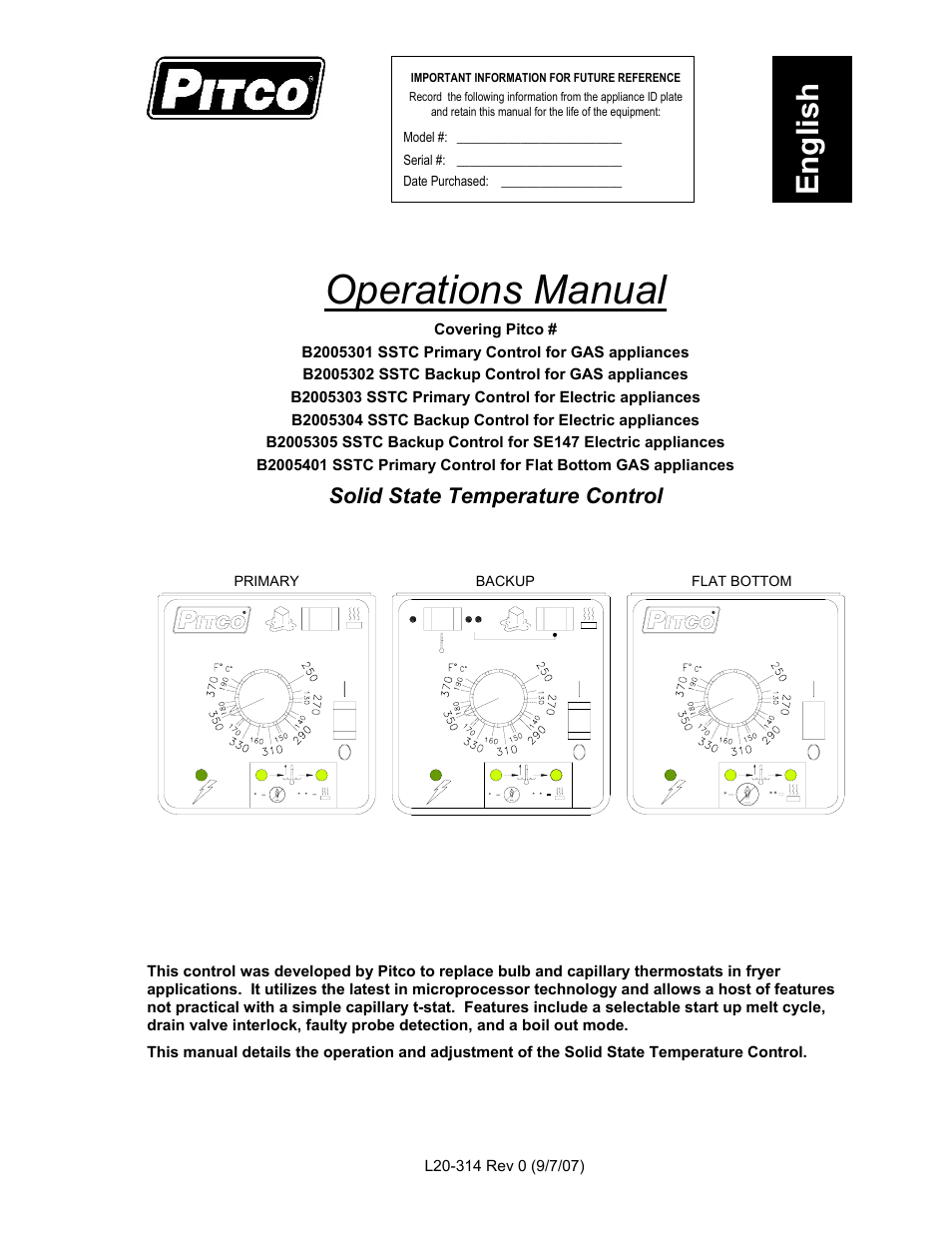 Pitco Frialator Solid State Temperature Control User Manual | 4 pages