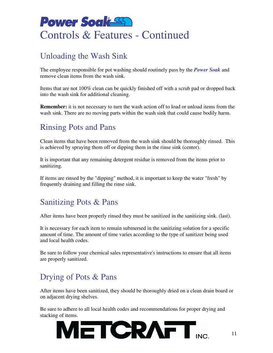 Controls & features - continued, Unloading the wash sink, Rinsing pots and pans | Sanitizing pots & pans, Drying of pots & pans | Power Soak MX-220 Owner's Manual User Manual | Page 12 / 33
