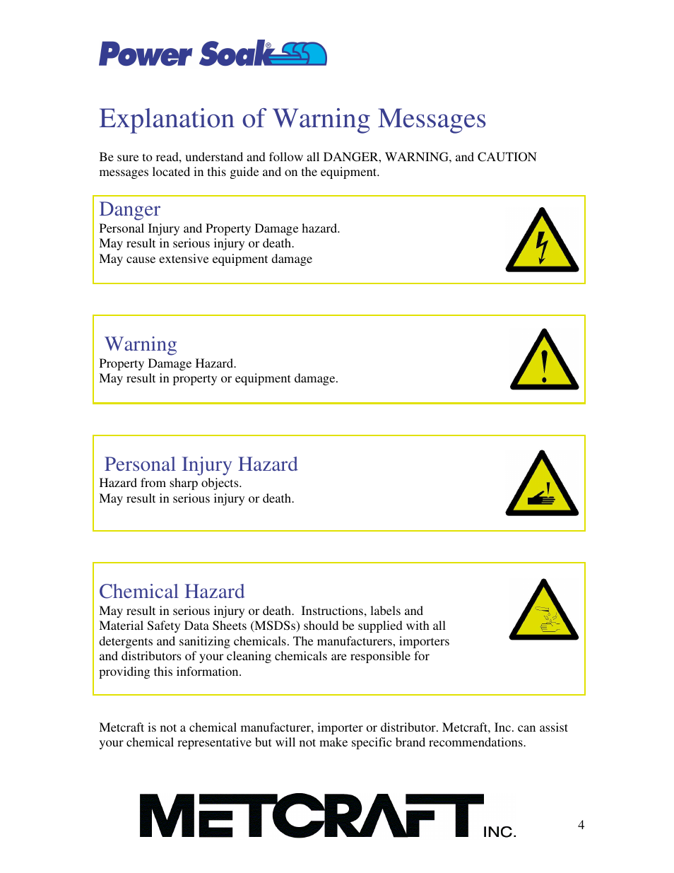 Explanation of warning messages, Danger, Warning | Personal injury hazard, Chemical hazard | Power Soak MX-220 Owner's Manual User Manual | Page 5 / 33