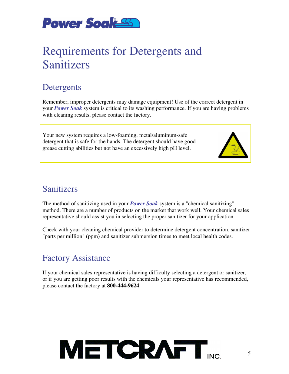 Requirements for detergents and sanitizers, Detergents, Sanitizers | Factory assistance | Power Soak MX-220 Owner's Manual User Manual | Page 6 / 33
