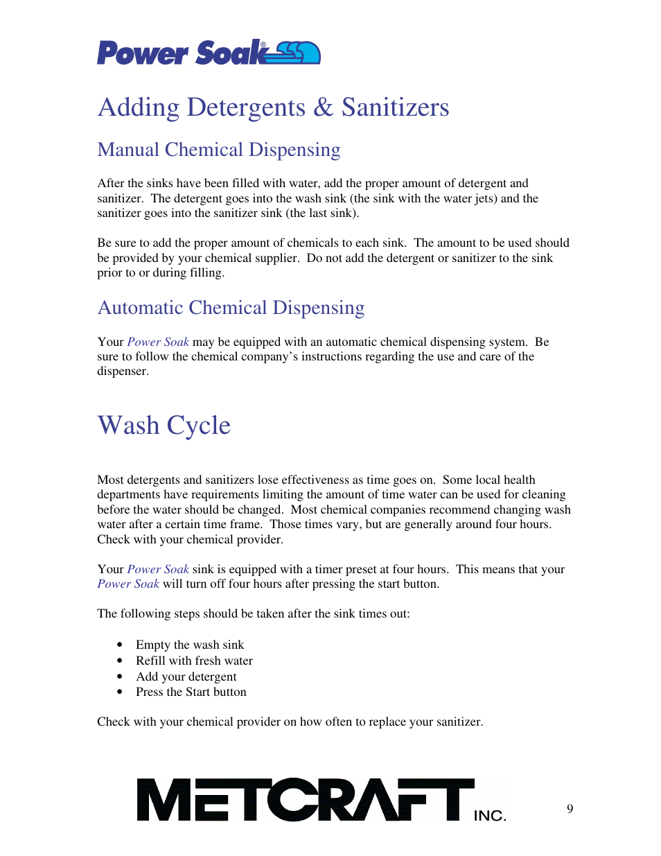 Adding detergents & sanitizers, Wash cycle, Manual chemical dispensing | Automatic chemical dispensing | Power Soak MX-220-H Owner's Manual User Manual | Page 10 / 50