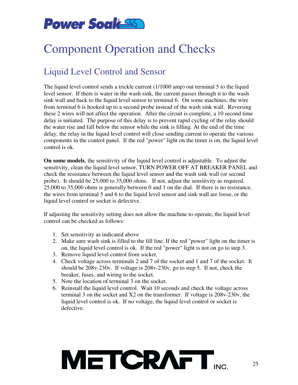 Component operation and checks, Liquid level control and sensor | Power Soak MX-220-H Owner's Manual User Manual | Page 26 / 50