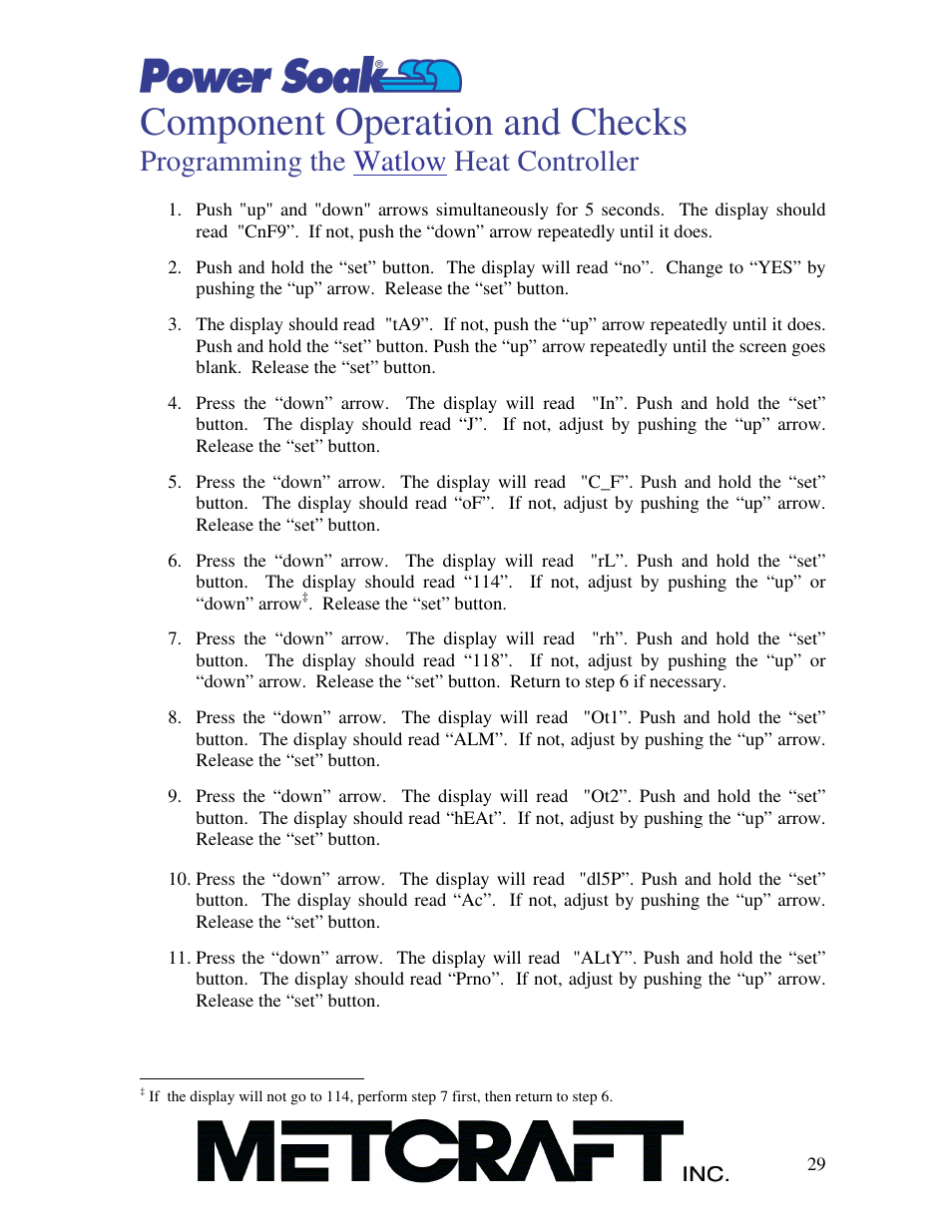 Component operation and checks, Programming the watlow heat controller | Power Soak MX-220-H Owner's Manual User Manual | Page 30 / 50