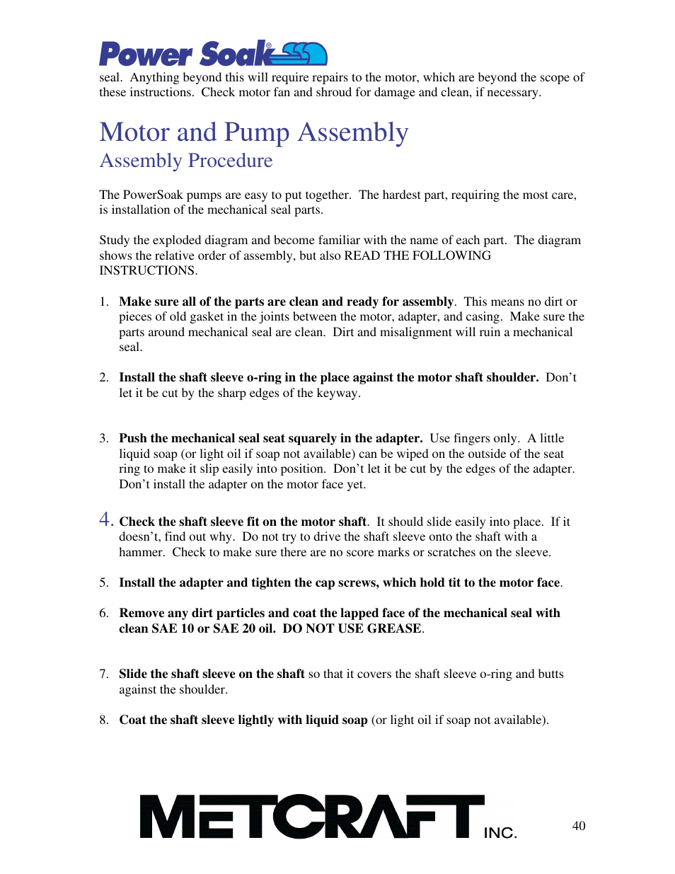 Motor and pump assembly, Assembly procedure | Power Soak MX-220-H Owner's Manual User Manual | Page 41 / 50