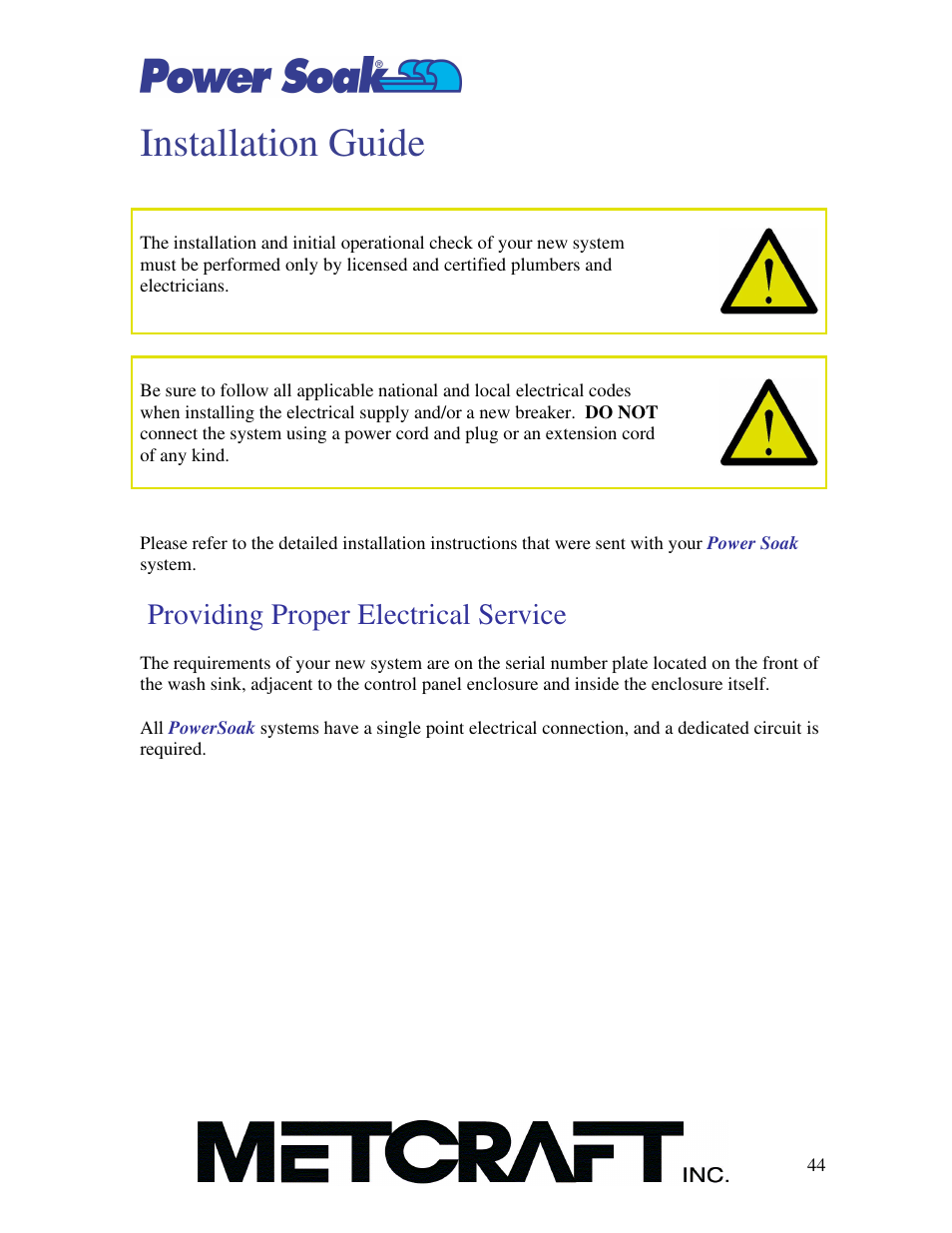 Installation guide, Providing proper electrical service | Power Soak MX-220-H Owner's Manual User Manual | Page 45 / 50