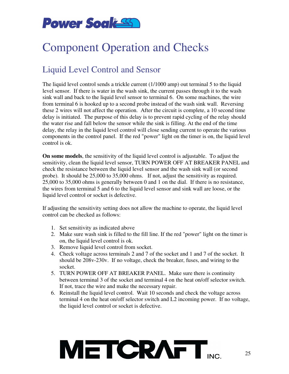 Component operation and checks, Liquid level control and sensor | Power Soak MX-220-HT Owner's Manual User Manual | Page 26 / 50