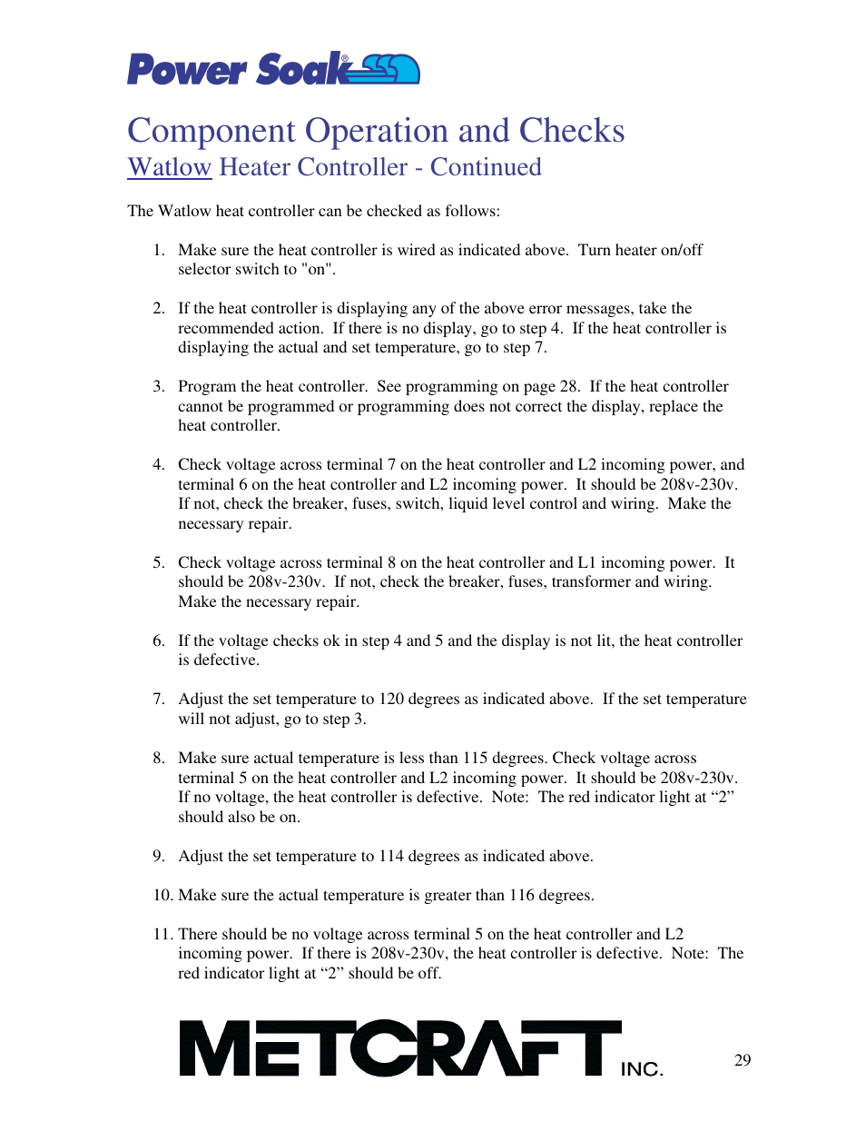 Component operation and checks, Watlow heater controller - continued | Power Soak MX-220-HT Owner's Manual User Manual | Page 30 / 50