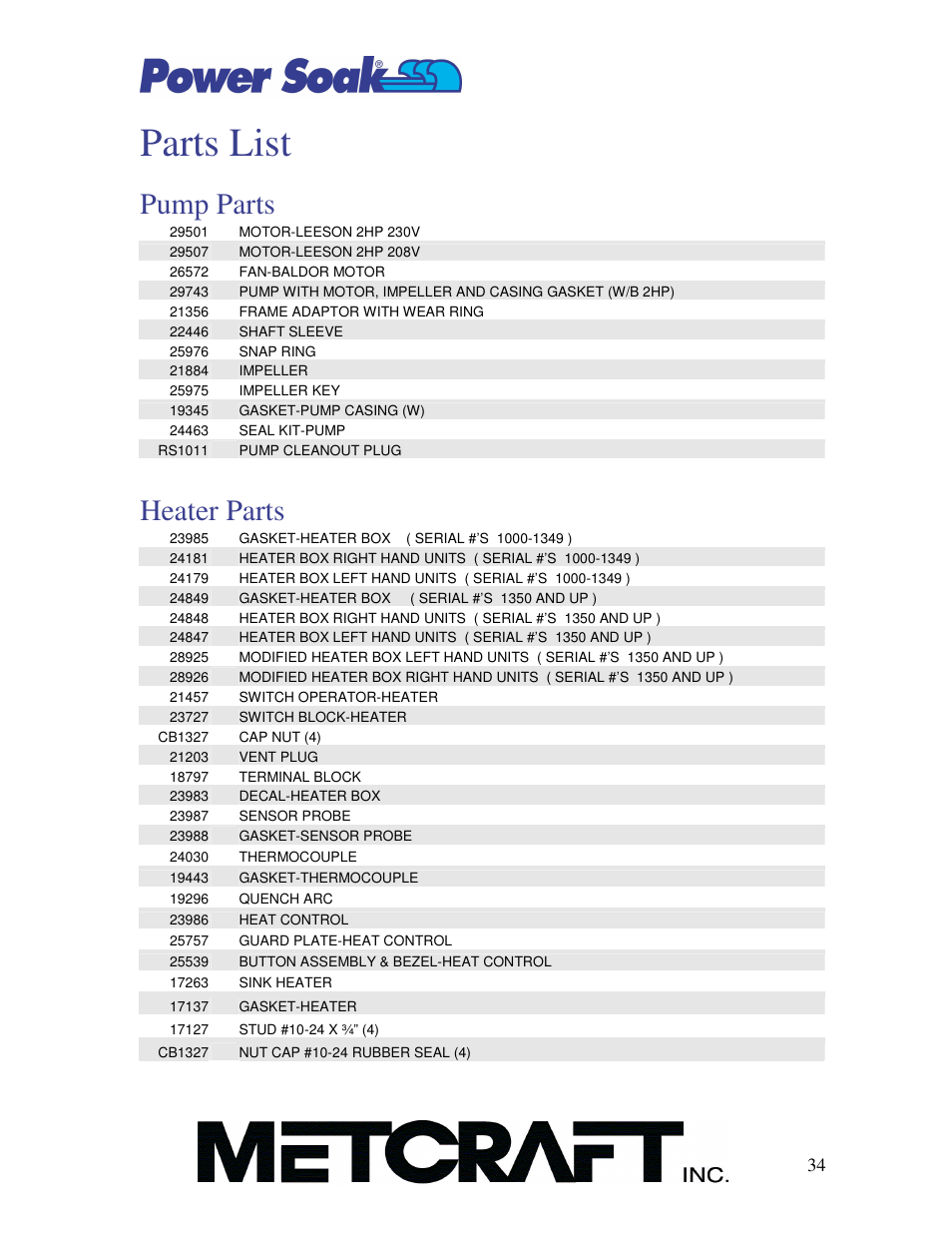 Parts list, Pump parts, Heater parts | Power Soak MX-220-HT Owner's Manual User Manual | Page 35 / 50