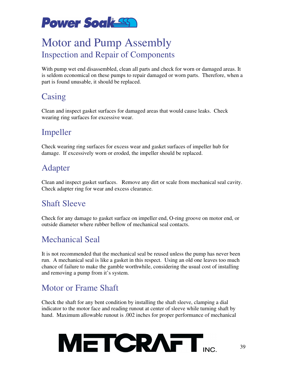 Motor and pump assembly, Inspection and repair of components, Casing | Impeller, Adapter, Shaft sleeve, Mechanical seal, Motor or frame shaft | Power Soak MX-220-HT Owner's Manual User Manual | Page 40 / 50